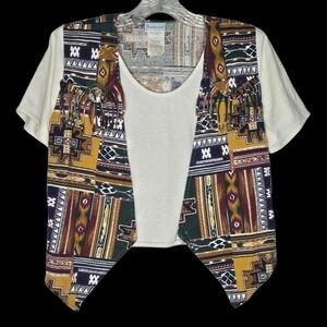 Vintage 90s Backroad Blues Southwestern Vest‎ Sewn Tshirt Crewneck Small Womens